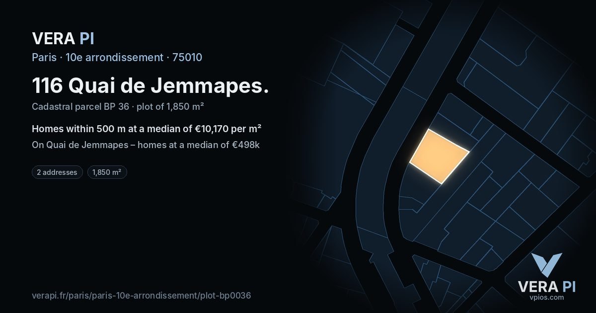 116 Quai de Jemmapes, 10e arrondissement at night – the plot lit, the parcels around coloured by the prices near them
