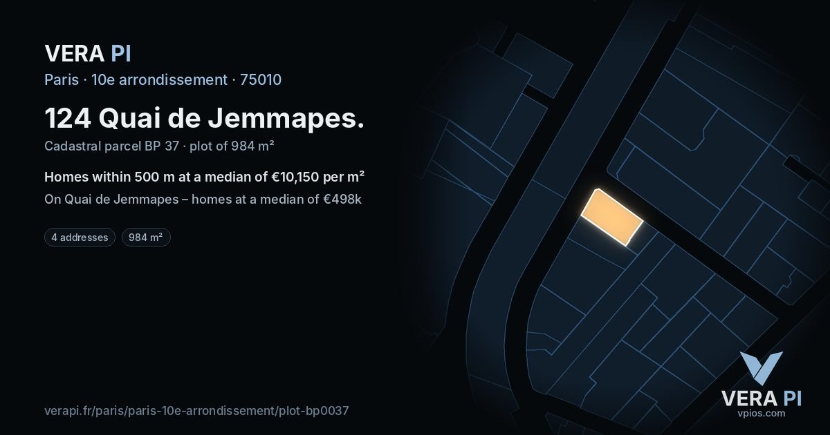 124 Quai de Jemmapes, 10e arrondissement at night – the plot lit, the parcels around coloured by the prices near them