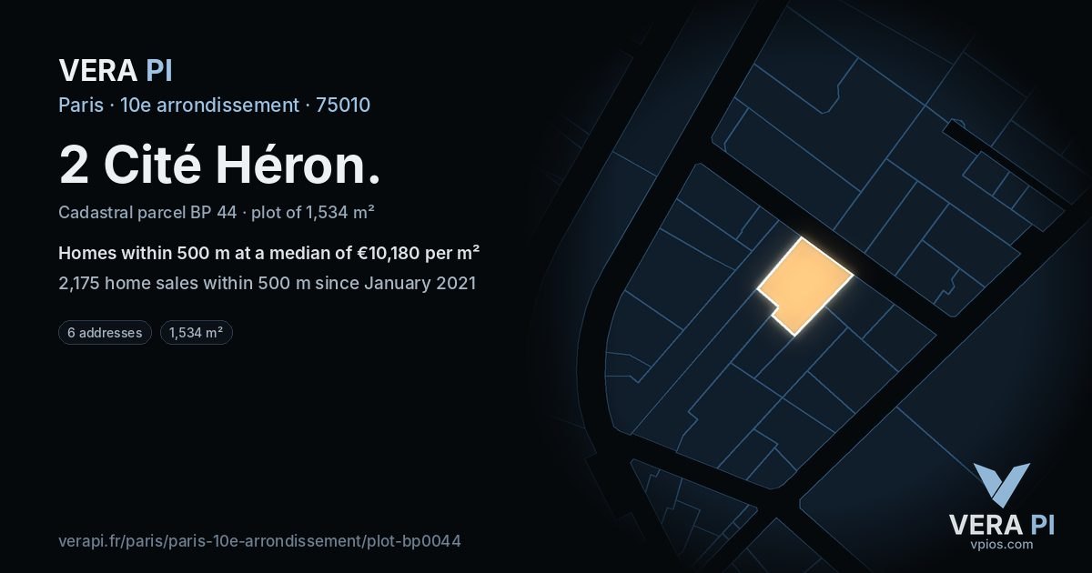 2 Cité Héron, 10e arrondissement at night – the plot lit, the parcels around coloured by the prices near them