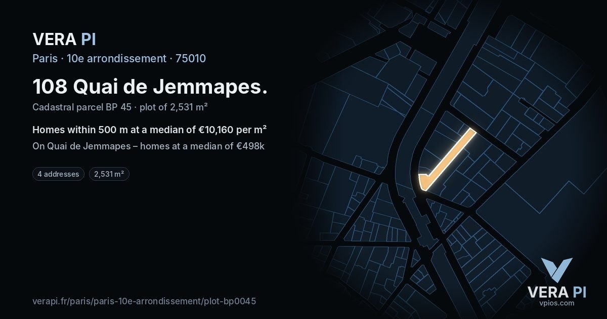 108 Quai de Jemmapes, 10e arrondissement at night – the plot lit, the parcels around coloured by the prices near them