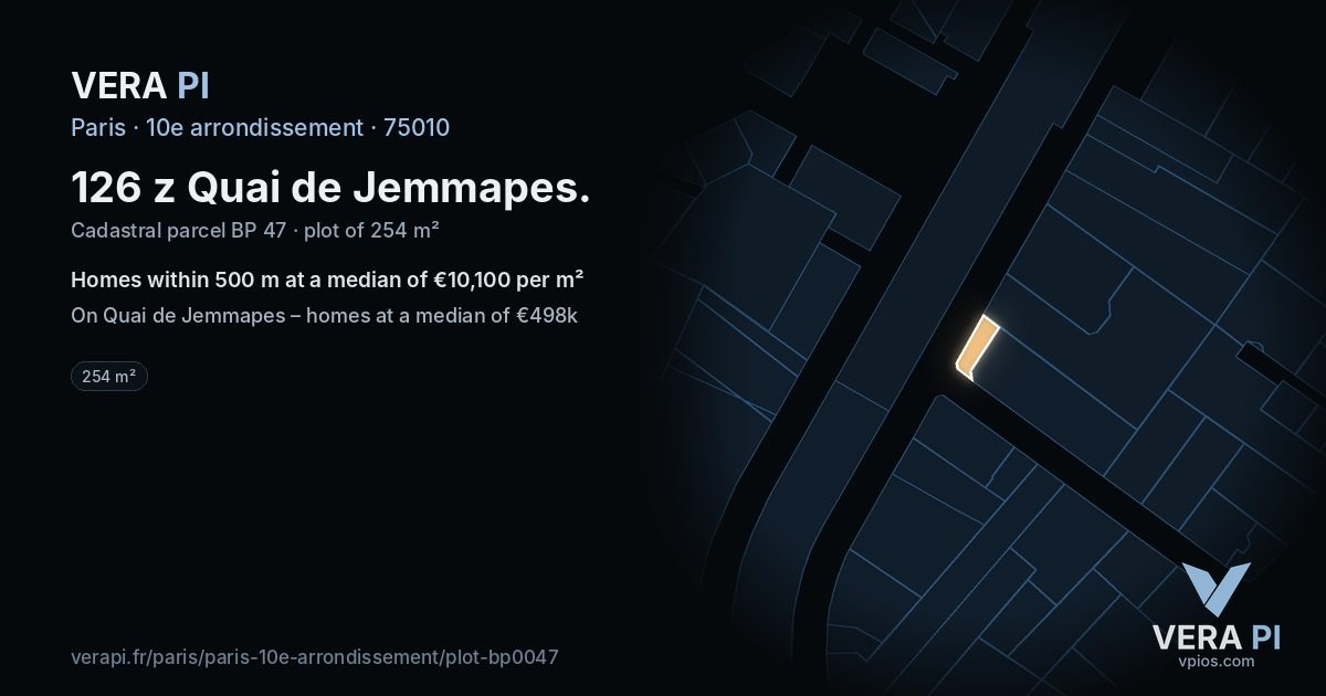 126 z Quai de Jemmapes, 10e arrondissement at night – the plot lit, the parcels around coloured by the prices near them
