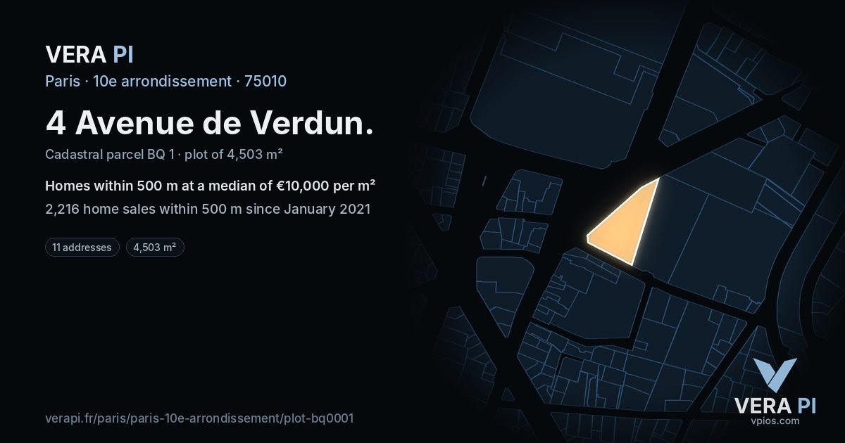 4 Avenue de Verdun, 10e arrondissement at night – the plot lit, the parcels around coloured by the prices near them