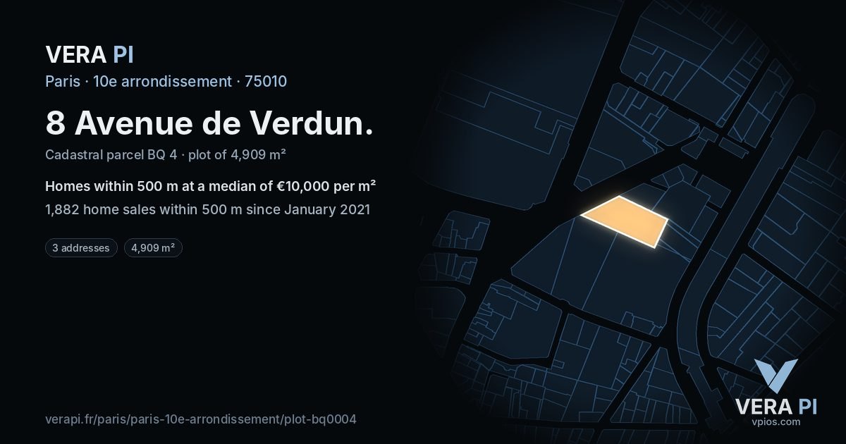 8 Avenue de Verdun, 10e arrondissement at night – the plot lit, the parcels around coloured by the prices near them