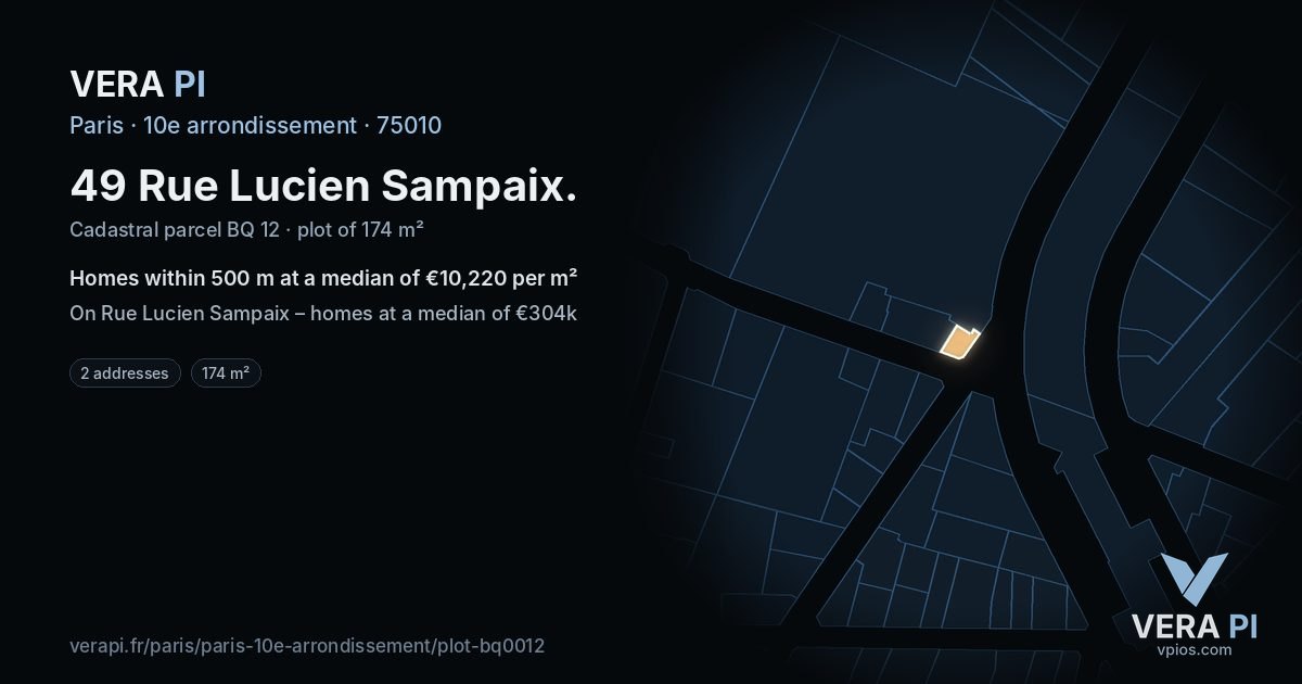 49 Rue Lucien Sampaix, 10e arrondissement at night – the plot lit, the parcels around coloured by the prices near them