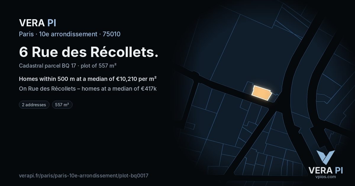 6 Rue des Récollets, 10e arrondissement at night – the plot lit, the parcels around coloured by the prices near them