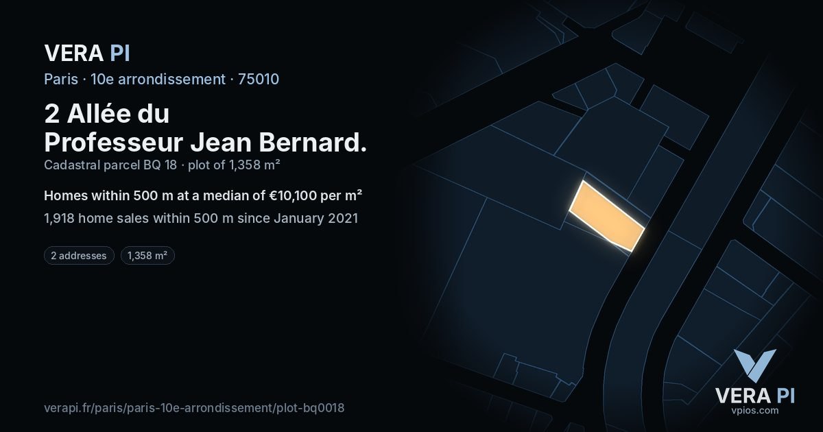 2 Allée du Professeur Jean Bernard, 10e arrondissement at night – the plot lit, the parcels around coloured by the prices near them