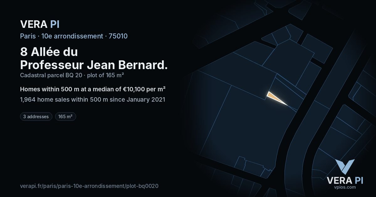 8 Allée du Professeur Jean Bernard, 10e arrondissement at night – the plot lit, the parcels around coloured by the prices near them