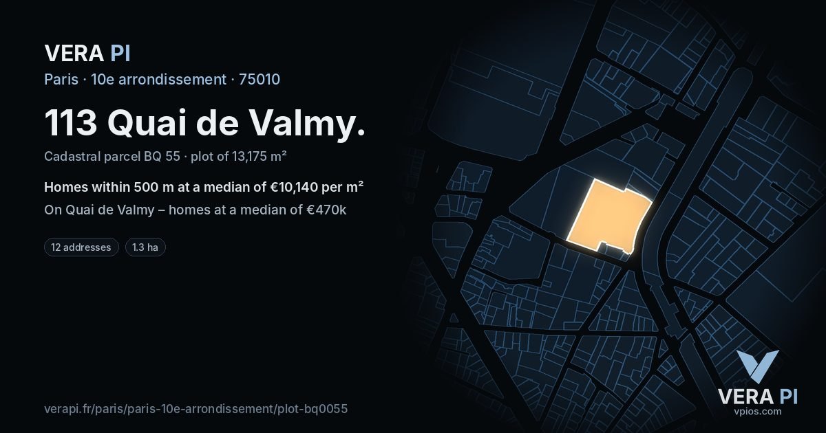113 Quai de Valmy, 10e arrondissement at night – the plot lit, the parcels around coloured by the prices near them