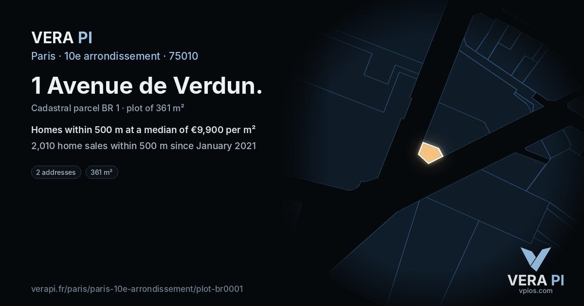 1 Avenue de Verdun, 10e arrondissement at night – the plot lit, the parcels around coloured by the prices near them