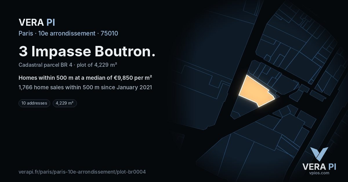 3 Impasse Boutron, 10e arrondissement at night – the plot lit, the parcels around coloured by the prices near them