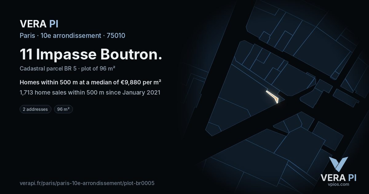 11 Impasse Boutron, 10e arrondissement at night – the plot lit, the parcels around coloured by the prices near them
