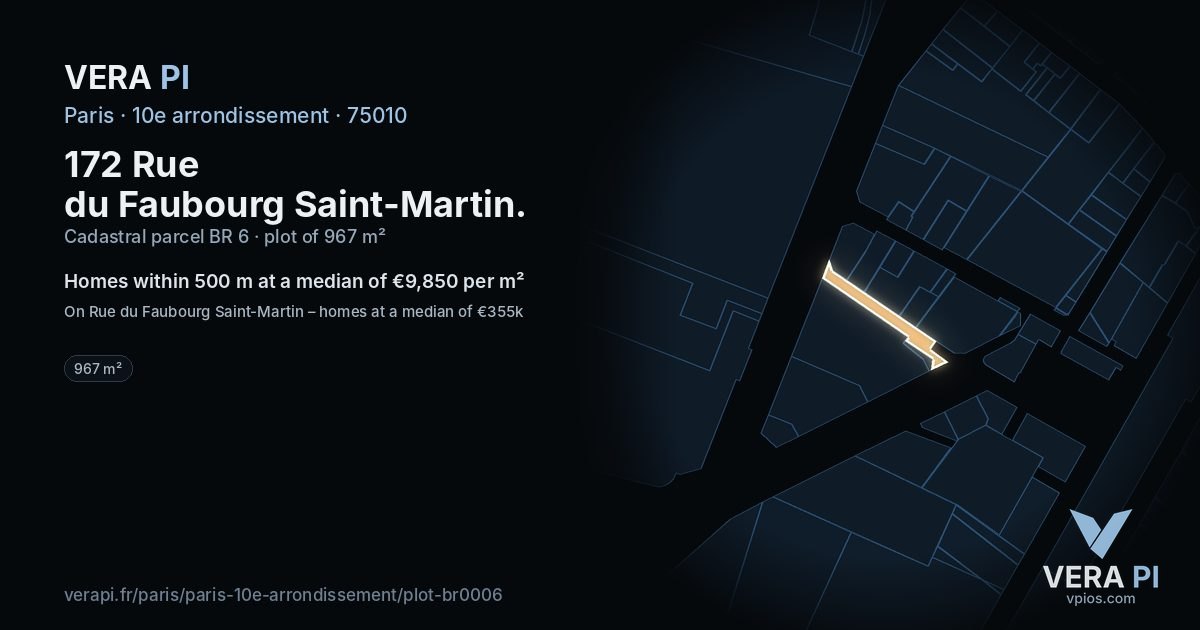 172 Rue du Faubourg Saint-Martin, 10e arrondissement at night – the plot lit, the parcels around coloured by the prices near them