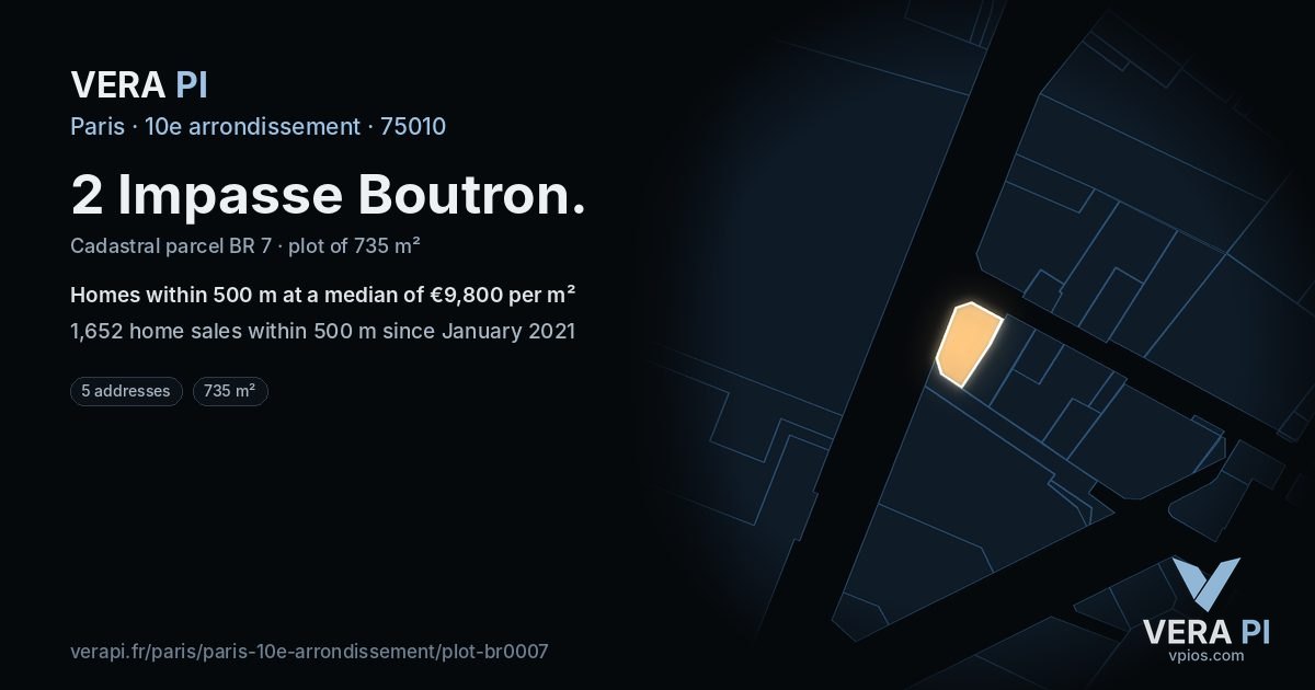 2 Impasse Boutron, 10e arrondissement at night – the plot lit, the parcels around coloured by the prices near them
