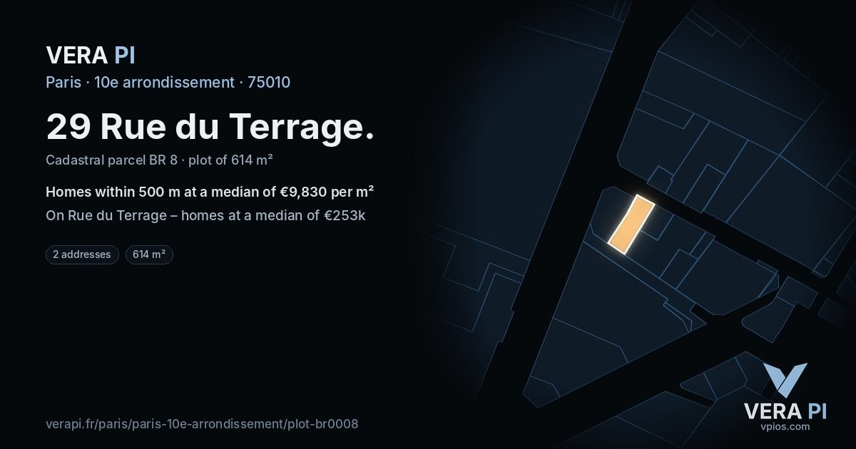 29 Rue du Terrage, 10e arrondissement at night – the plot lit, the parcels around coloured by the prices near them