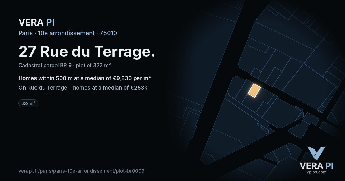27 Rue du Terrage, 10e arrondissement at night – the plot lit, the parcels around coloured by the prices near them