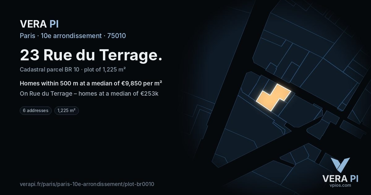 23 Rue du Terrage, 10e arrondissement at night – the plot lit, the parcels around coloured by the prices near them