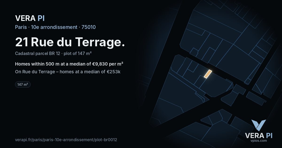 21 Rue du Terrage, 10e arrondissement at night – the plot lit, the parcels around coloured by the prices near them