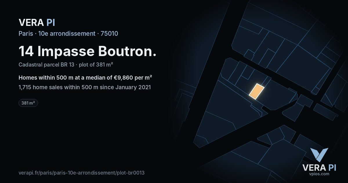 14 Impasse Boutron, 10e arrondissement at night – the plot lit, the parcels around coloured by the prices near them