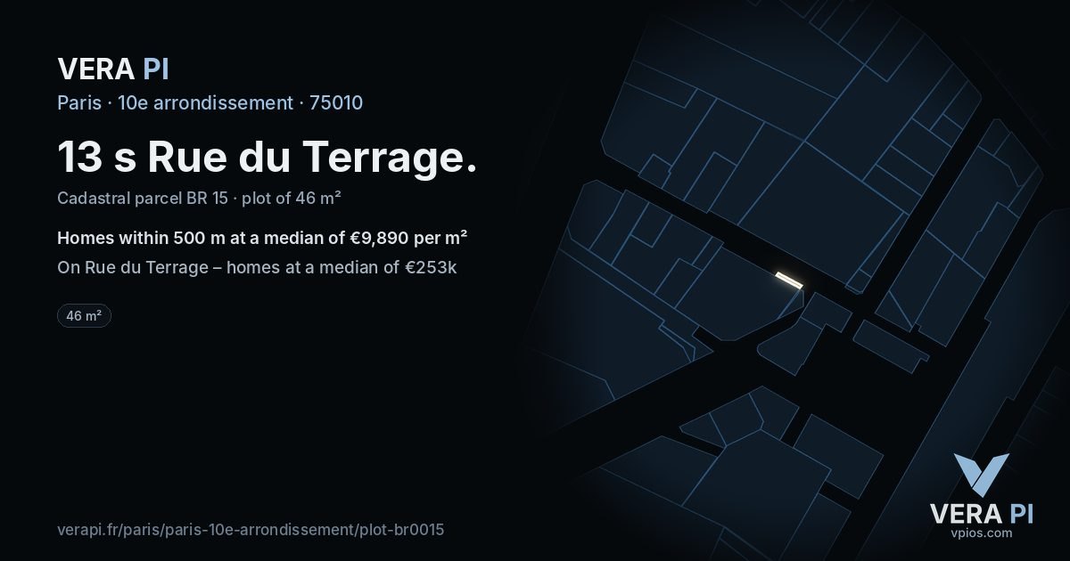13 s Rue du Terrage, 10e arrondissement at night – the plot lit, the parcels around coloured by the prices near them