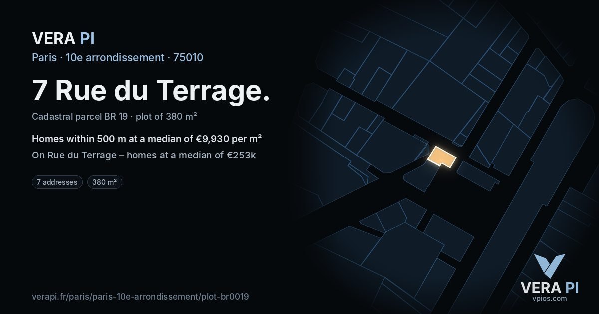 7 Rue du Terrage, 10e arrondissement at night – the plot lit, the parcels around coloured by the prices near them