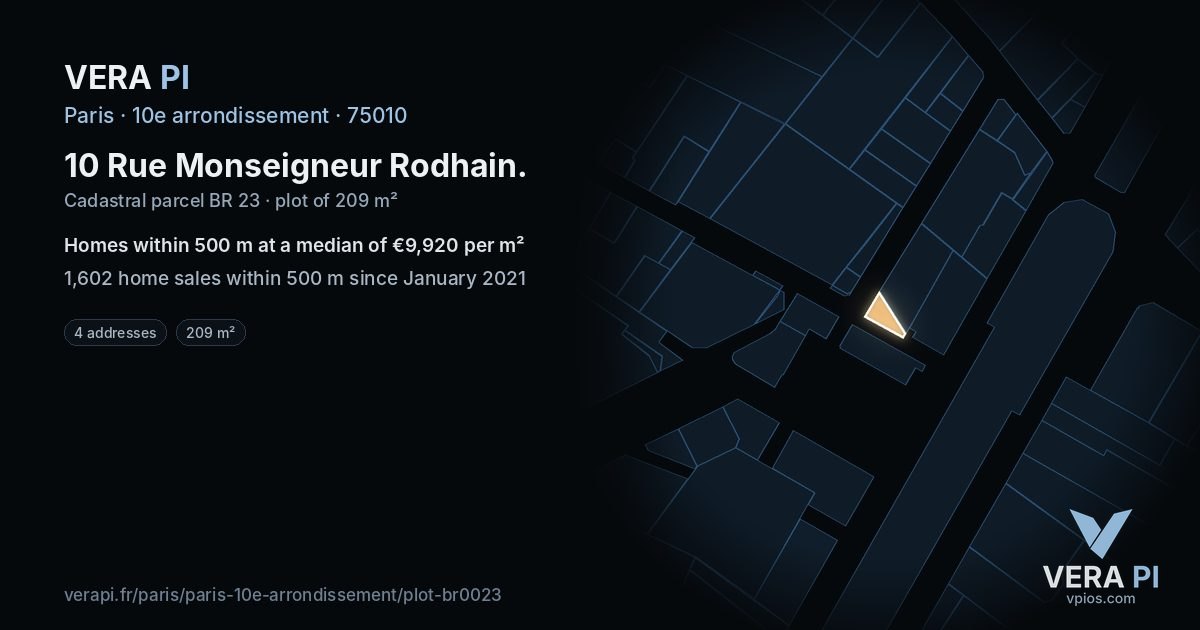 10 Rue Monseigneur Rodhain, 10e arrondissement at night – the plot lit, the parcels around coloured by the prices near them