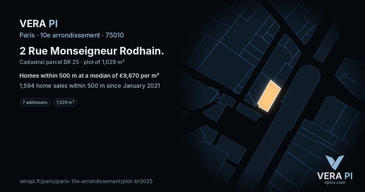 2 Rue Monseigneur Rodhain, 10e arrondissement at night – the plot lit, the parcels around coloured by the prices near them
