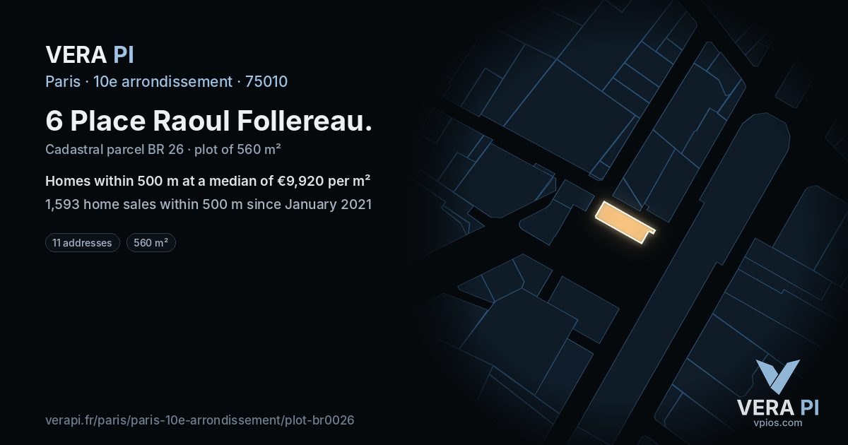 6 Place Raoul Follereau, 10e arrondissement at night – the plot lit, the parcels around coloured by the prices near them