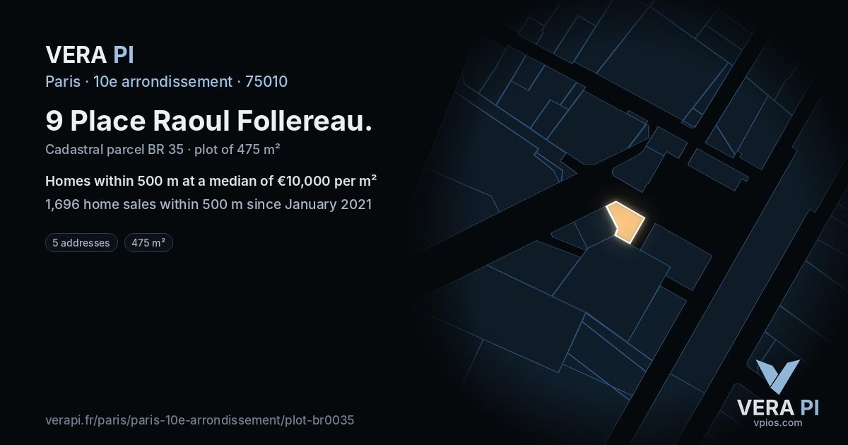 9 Place Raoul Follereau, 10e arrondissement at night – the plot lit, the parcels around coloured by the prices near them