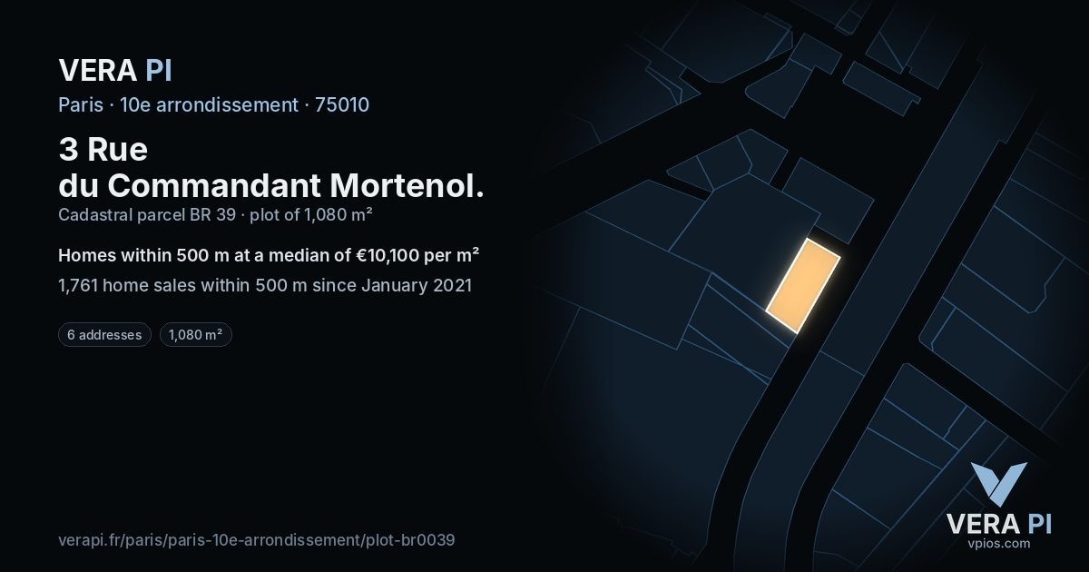 3 Rue du Commandant Mortenol, 10e arrondissement at night – the plot lit, the parcels around coloured by the prices near them