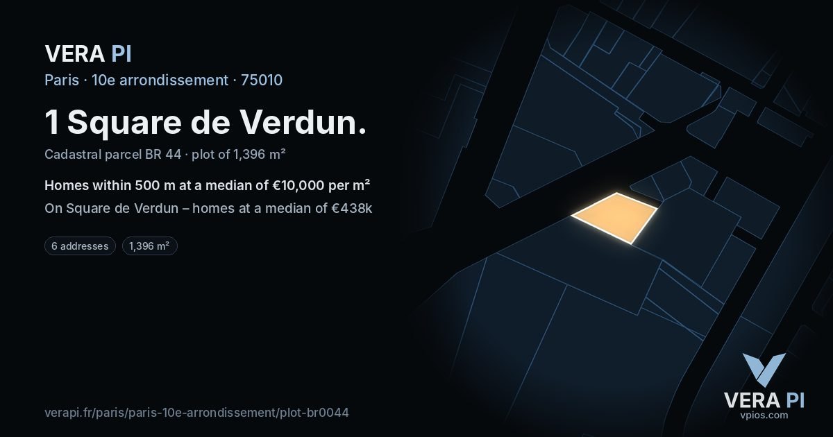 1 Square de Verdun, 10e arrondissement at night – the plot lit, the parcels around coloured by the prices near them