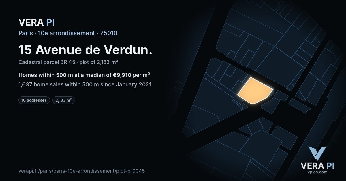 15 Avenue de Verdun, 10e arrondissement at night – the plot lit, the parcels around coloured by the prices near them