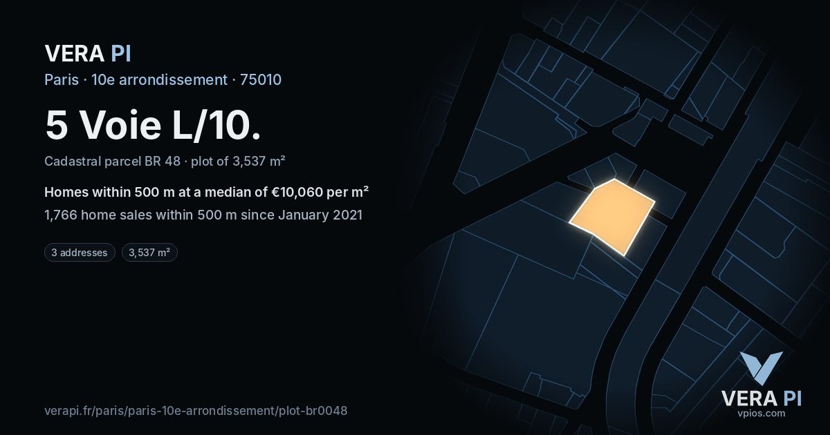 5 Voie L/10, 10e arrondissement at night – the plot lit, the parcels around coloured by the prices near them