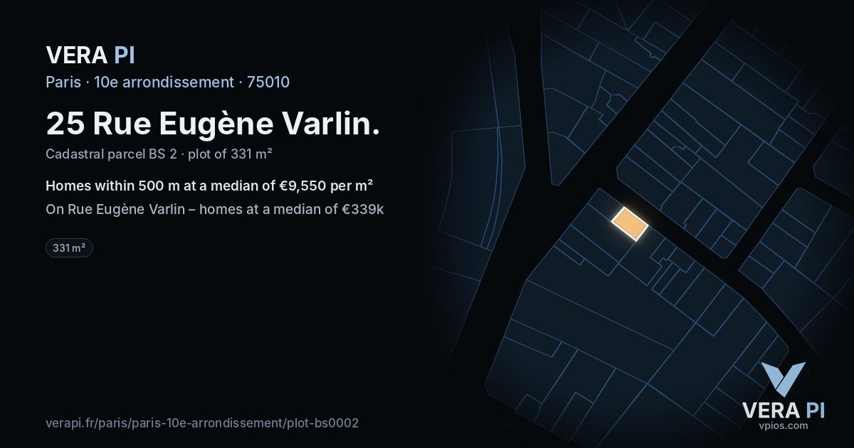 25 Rue Eugène Varlin, 10e arrondissement at night – the plot lit, the parcels around coloured by the prices near them