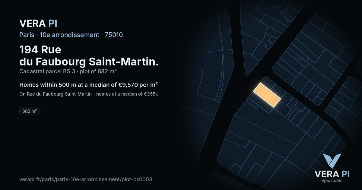 194 Rue du Faubourg Saint-Martin, 10e arrondissement at night – the plot lit, the parcels around coloured by the prices near them