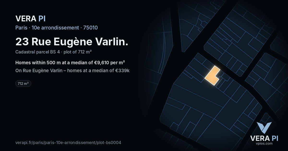 23 Rue Eugène Varlin, 10e arrondissement at night – the plot lit, the parcels around coloured by the prices near them