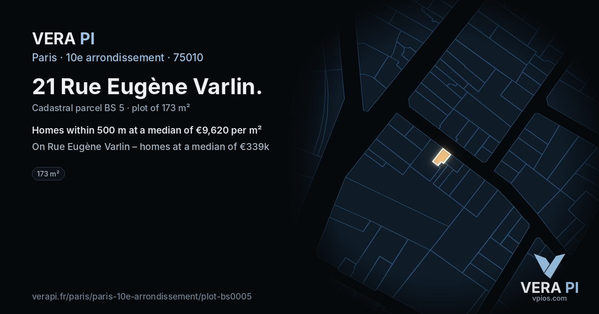 21 Rue Eugène Varlin, 10e arrondissement at night – the plot lit, the parcels around coloured by the prices near them