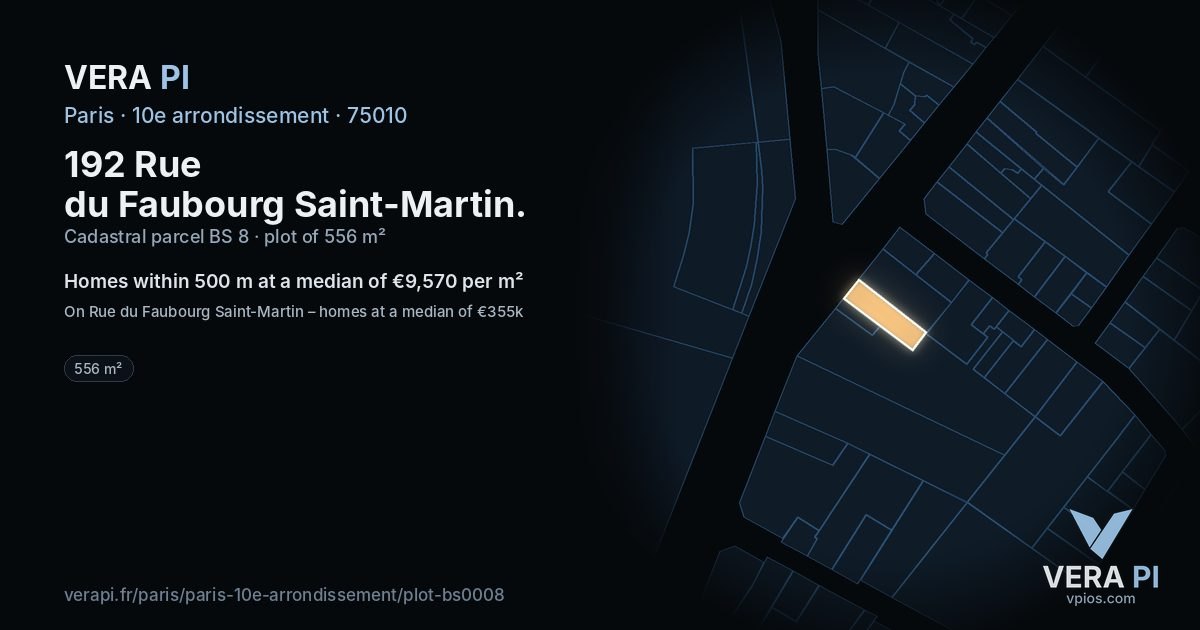192 Rue du Faubourg Saint-Martin, 10e arrondissement at night – the plot lit, the parcels around coloured by the prices near them