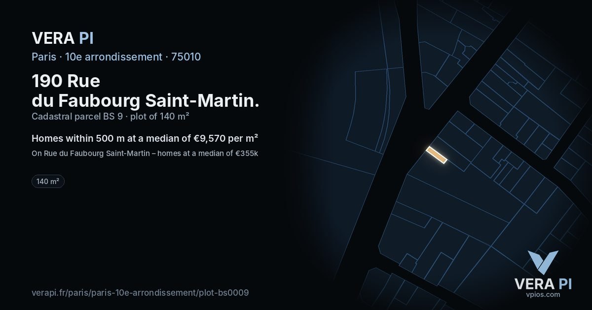190 Rue du Faubourg Saint-Martin, 10e arrondissement at night – the plot lit, the parcels around coloured by the prices near them