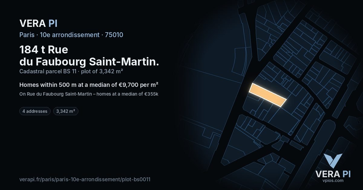 184 t Rue du Faubourg Saint-Martin, 10e arrondissement at night – the plot lit, the parcels around coloured by the prices near them
