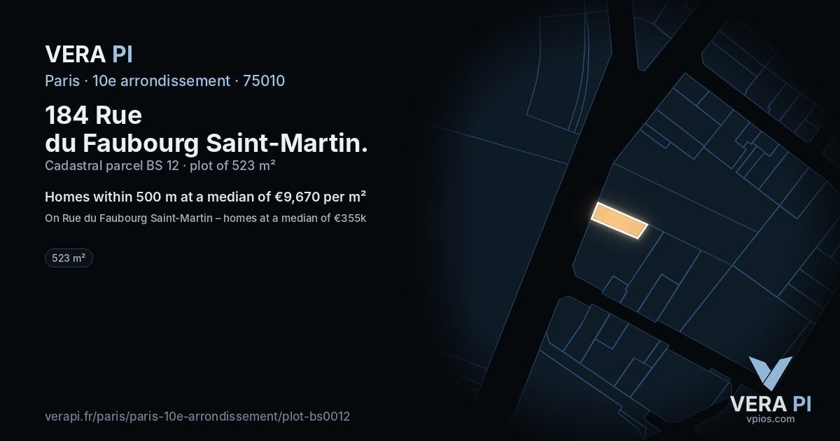 184 Rue du Faubourg Saint-Martin, 10e arrondissement at night – the plot lit, the parcels around coloured by the prices near them