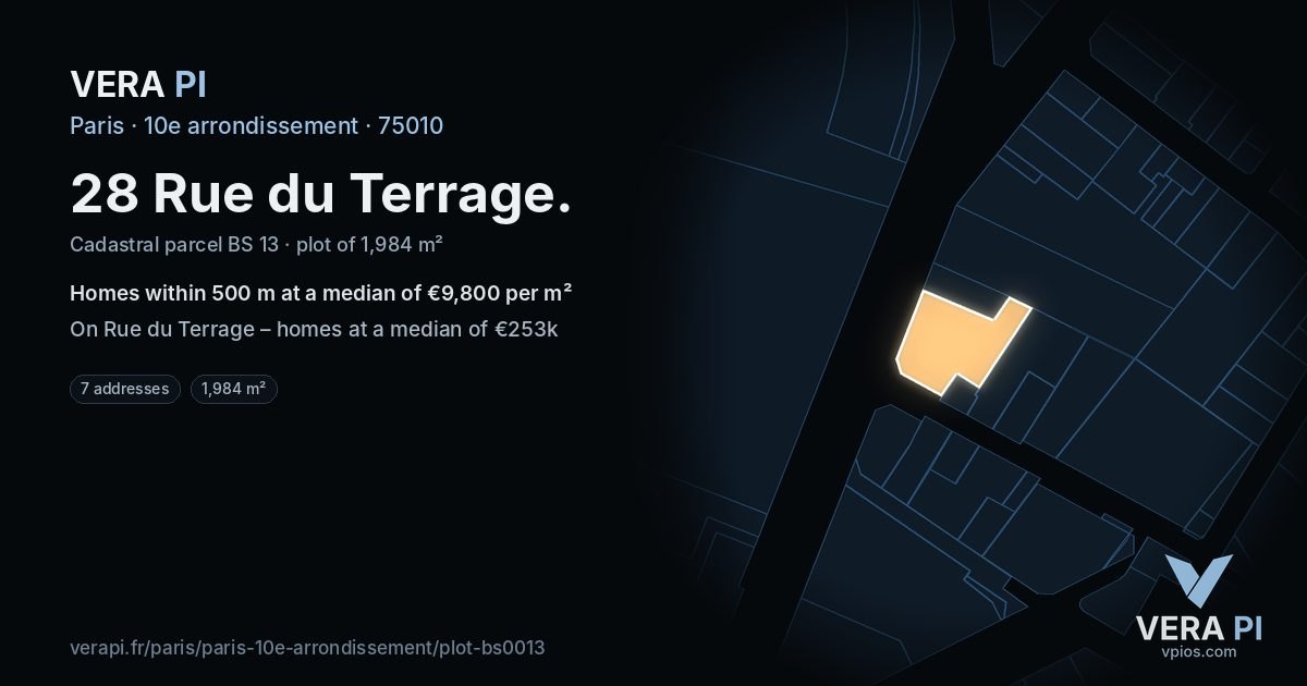 28 Rue du Terrage, 10e arrondissement at night – the plot lit, the parcels around coloured by the prices near them