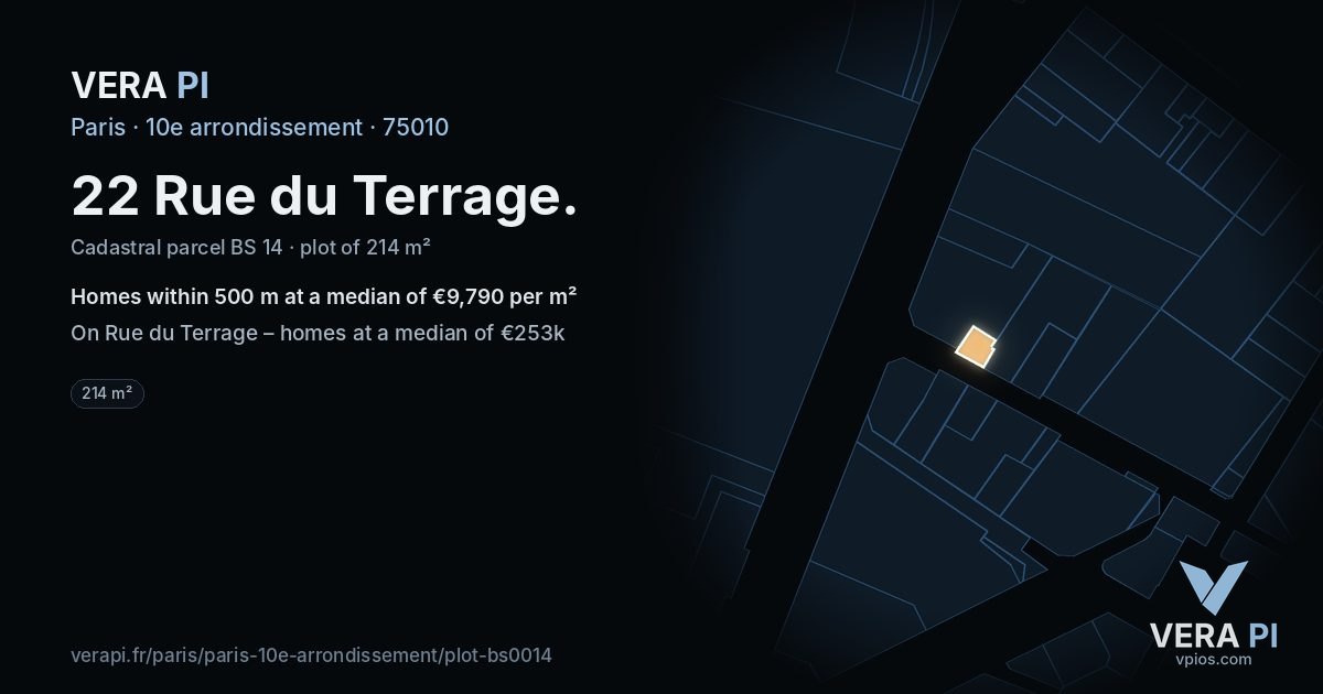 22 Rue du Terrage, 10e arrondissement at night – the plot lit, the parcels around coloured by the prices near them
