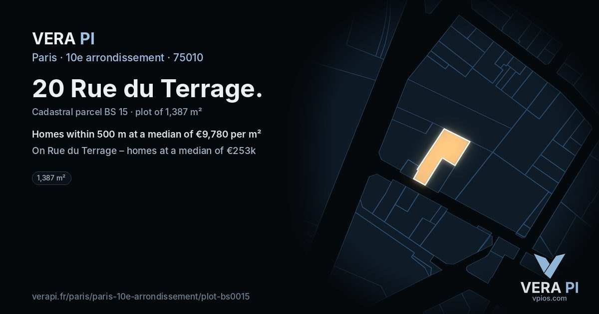 20 Rue du Terrage, 10e arrondissement at night – the plot lit, the parcels around coloured by the prices near them