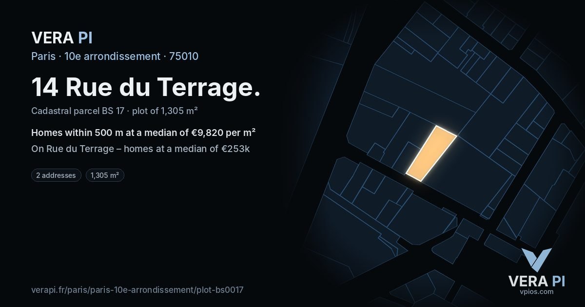 14 Rue du Terrage, 10e arrondissement at night – the plot lit, the parcels around coloured by the prices near them