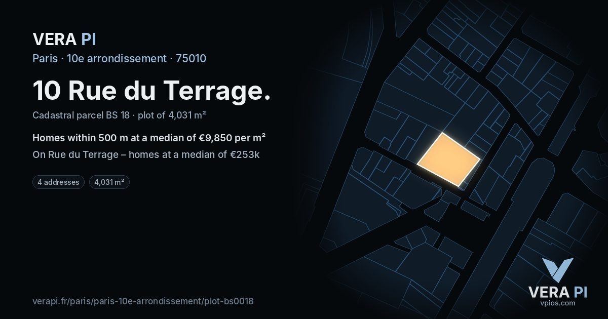 10 Rue du Terrage, 10e arrondissement at night – the plot lit, the parcels around coloured by the prices near them