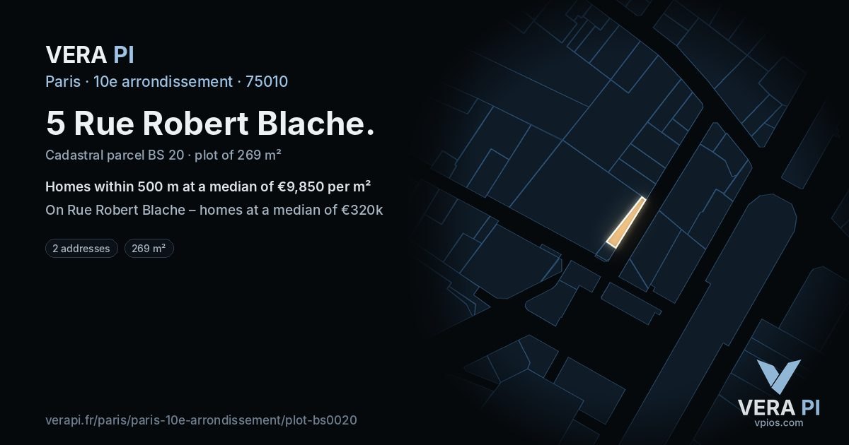 5 Rue Robert Blache, 10e arrondissement at night – the plot lit, the parcels around coloured by the prices near them