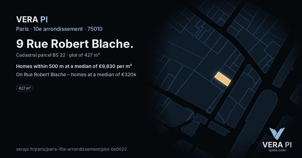 9 Rue Robert Blache, 10e arrondissement at night – the plot lit, the parcels around coloured by the prices near them