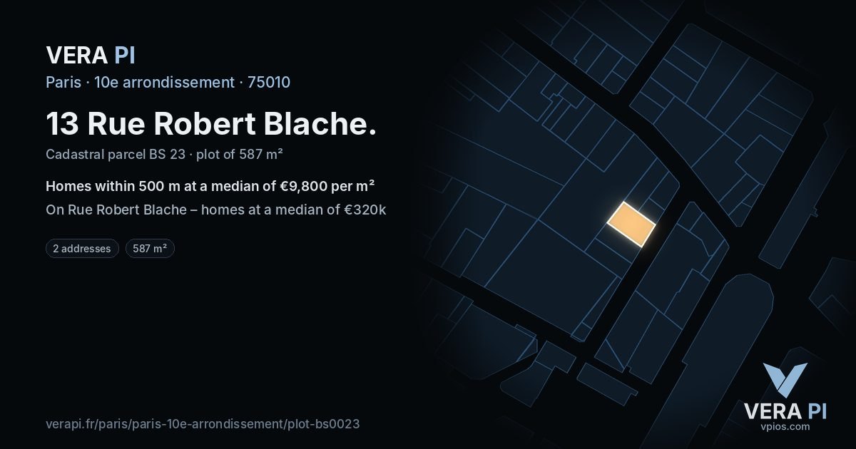13 Rue Robert Blache, 10e arrondissement at night – the plot lit, the parcels around coloured by the prices near them