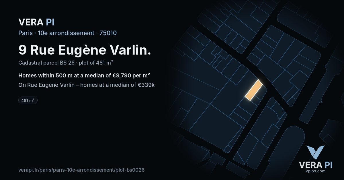 9 Rue Eugène Varlin, 10e arrondissement at night – the plot lit, the parcels around coloured by the prices near them