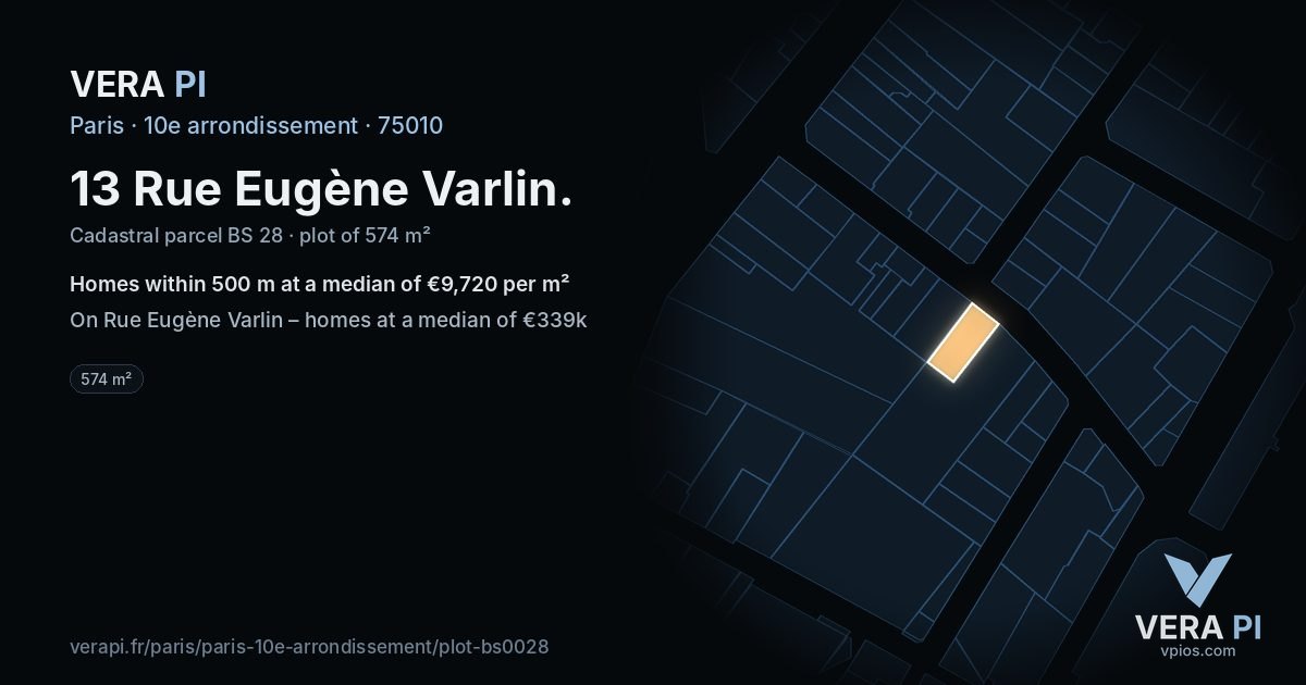 13 Rue Eugène Varlin, 10e arrondissement at night – the plot lit, the parcels around coloured by the prices near them